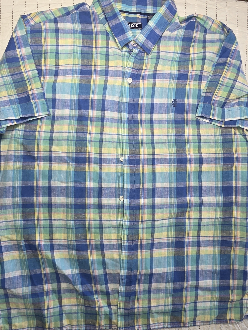 IZOD Men's XL Linen Blend Plaid Short Sleeve Button Down Shirt